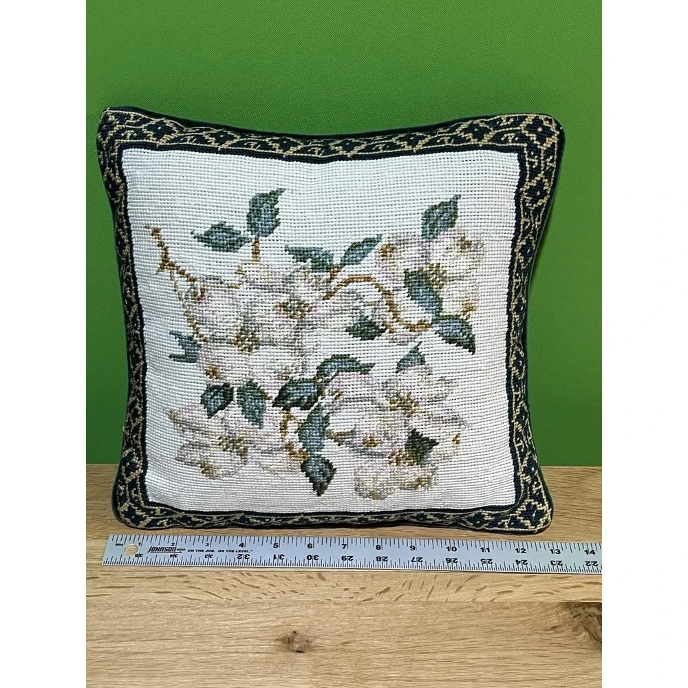Needlepoint Magnolia & Dogwood Floral Pillow Green Velvet‎ Backing-Set 2 Vintage